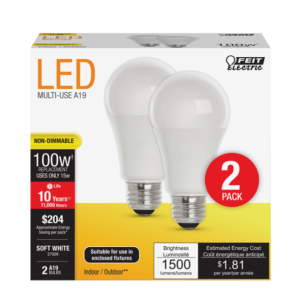 Feit Electric LED A19 E26 100W SW 2PK A160082710KLED2